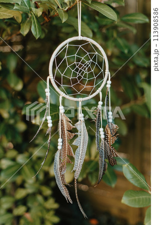 dream catcher with beautifu background. boho chic, ethnic amulet. (Vintage style) 113908586
