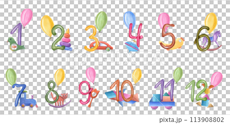 Numbers from 1 to 12 with kid wood toys and colors balloons. Wooden transport, tower, animal decorated balloon and number. Watercolor illustration for design of children party, greetings Numbers from 1 to 12 with kid wood toys and colors balloons. Wooden transport, tower, animal decorated balloon and number. Watercolor illustration for design of children party, greetings 113908802