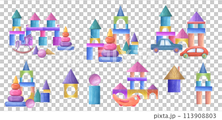 Set of wooden toys made from building bricks. Tangram geometric shapes. Towers, transports and animals. Multicolored kid blocks. Watercolor illustration for the design of baby cards Set of wooden toys made from building bricks. Tangram geometric shapes. Towers, transports and animals. Multicolored kid blocks. Watercolor illustration for the design of baby cards 113908803
