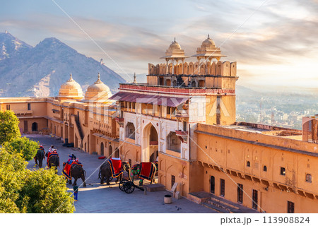 Elephant riders in Amber Fort, famous tourist attraction of Jaipur, India 113908824