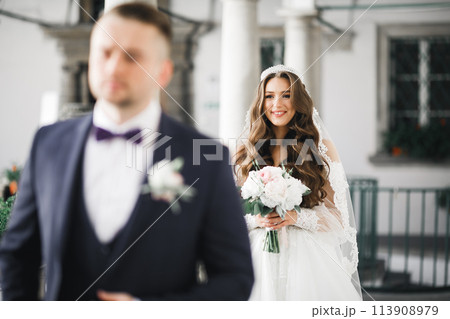 Close up of a nice young wedding couple 113908979