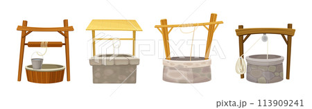 Water Well as Rustic Stone and Wood Structure Vector Set Water Well as Rustic Stone and Wood Structure Vector Set 113909241