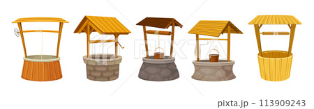 Water Well as Rustic Stone and Wood Structure Vector Set 113909243
