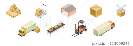 Warehouse and Storehouse with Cardboard Box Isometric Vector Set 113909245