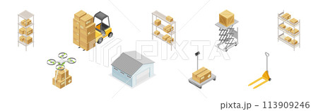 Warehouse and Storehouse with Cardboard Box Isometric Vector Set 113909246