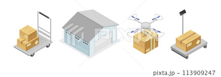 Warehouse and Storehouse with Cardboard Box Isometric Vector Set 113909247