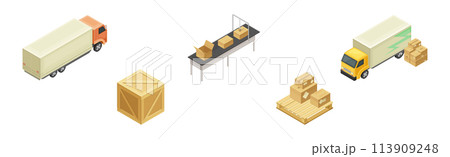 Warehouse and Storehouse with Cardboard Box Isometric Vector Set 113909248