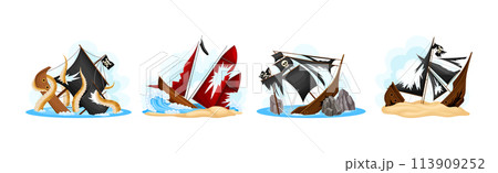 Pirate Shipwreck with Wooden Deck and Sail Vector Set Pirate Shipwreck with Wooden Deck and Sail Vector Set 113909252