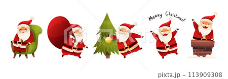 Funny Santa Claus with White Beard and Red Hat Vector Set 113909308