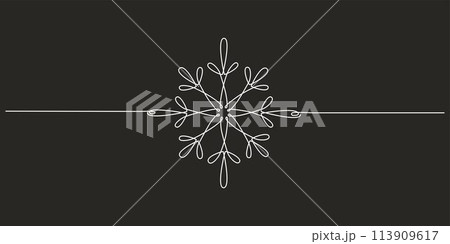 Christmas winter snowflake - one single continuous line. Vector stock hand drawing illustration isolated on black background for design template winter decoration greeting card. Editable stroke. EPS10 113909617