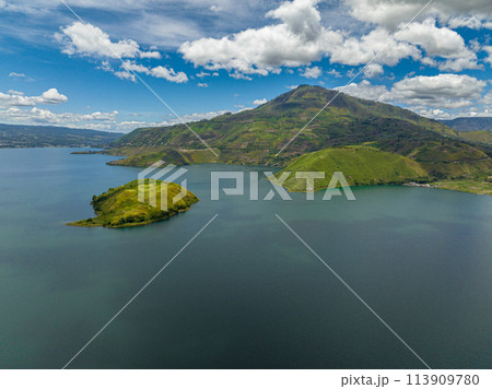 Aerial drone of lake Toba lies in the northern part of Barisan Mountain Range. Sumatra, Indonesia. 113909780