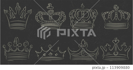 Set of royal crowns in hand drawn style vector format. Set of crowns in white lines on gray background with grunge texture 113909880