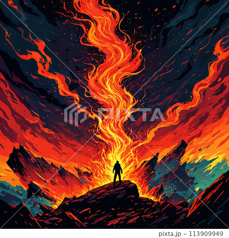 A man stands on a rocky outcropping, surrounded by flames and mountains. 113909949