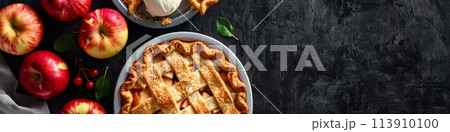 Composition with delicious apple pie top view Composition with delicious apple pie top view 113910100