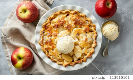 Composition with delicious apple pie top view Composition with delicious apple pie top view 113910101