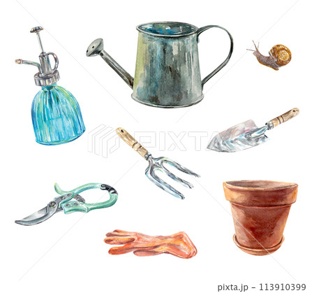 Gardening tools watercolor. Watering can, shovel, glove, sprayer, snail. Vector illustration for birthday cards, invitations, banners, posters, labels 113910399