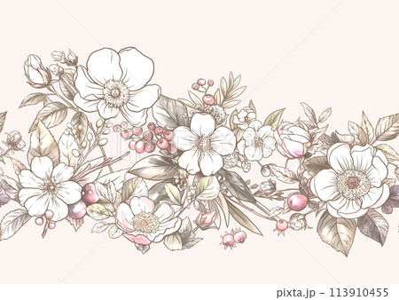 Boutonniere of wild rose flowers and berries Boutonniere of wild rose flowers and berries 113910455