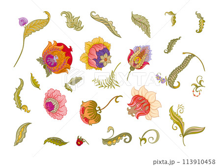 Fantasy flowers in retro, vintage, jacobean embroidery style. Fantasy flowers in retro, vintage, jacobean embroidery style. 113910458