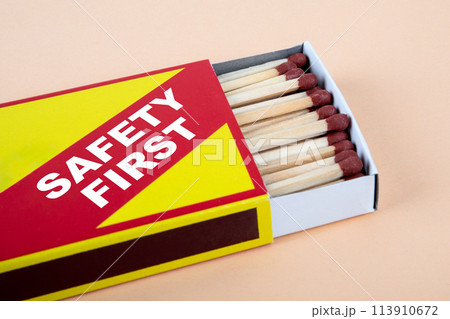 Safety First Concept. Box of matches on a light background 113910672