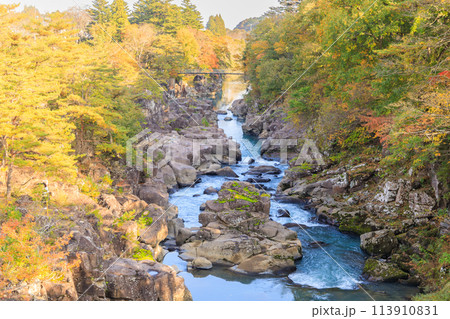 「岩手県」秋色に染まった厳美渓・一関市 113910831