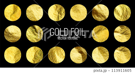 Gold foil, shiny handmade circles. Golden glittering texture, pattern. Luxury shining hand drawn background. Wedding, greeting card decoration elements. Modern minimalist art. Vector illustration 113911605