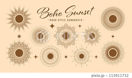 Vintage sunburst, sunset beams collection. Boho style, modern minimalist bohemian design. Hand drawn bursting sun, light rays. Logotype or lettering design element in retro style. Vector illustration Vintage sunburst, sunset beams collection. Boho style, modern minimalist bohemian design. Hand drawn bursting sun, light rays. Logotype or lettering design element in retro style. Vector illustration 113911732
