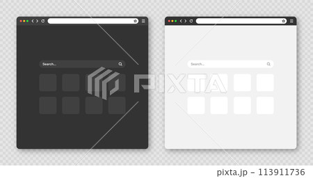 Blank web browser window with toolbar and search field. Modern website, internet page in flat style. Browser mockup for computer, tablet and smartphone. Light and dark mode. Vector illustration Blank web browser window with toolbar and search field. Modern website, internet page in flat style. Browser mockup for computer, tablet and smartphone. Light and dark mode. Vector illustration 113911736