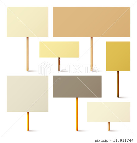 Blank colorful protest sign with wooden holder. Realistic vector demonstration banner. Strike action cardboard placard mockup Blank colorful protest sign with wooden holder. Realistic vector demonstration banner. Strike action cardboard placard mockup 113911744