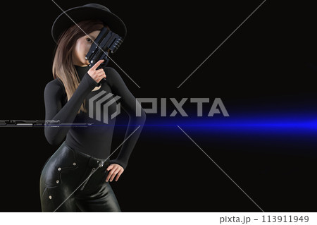 女性スパイのヒットマンが銃を構えている 113911949