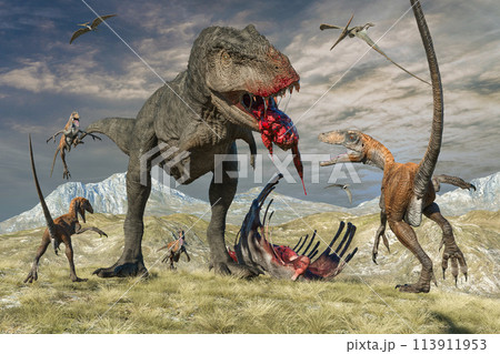 捕食しているティラノサウルスをデイノニクスが囲むのイラスト素材