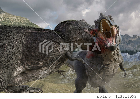 1匹のティラノサウルスが敵の喉に噛み付く 113911955
