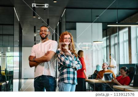 An African-American business colleague and his orange-haired female counterpart engage in collaborative discussion within a modern startup office, epitomizing diversity and teamwork in the 113912576