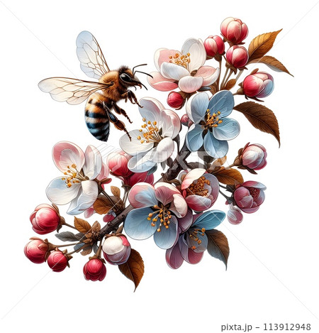 On a pure white background. Close-up of an apple tree branch in flowers, a bee sits on a flower, diligently busy with its work collecting pollen, pollination of an apple tree flower, nature in spring 113912948