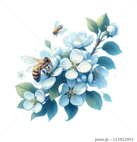On a pure white background. Close-up of an apple tree branch in flowers, a bee sits on a flower, diligently busy with its work collecting pollen, pollination of an apple tree flower, nature in spring 113912955