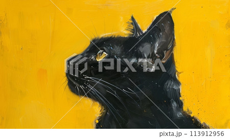 Painting black cat portrait on yellow background 113912956