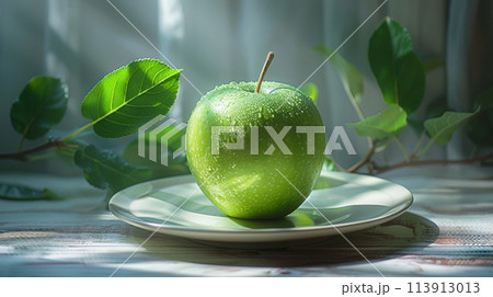 A Green Apple on a White Plate 113913013