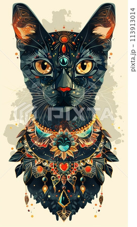 Ornate tribal cat illustration with vibrant colors 113913014