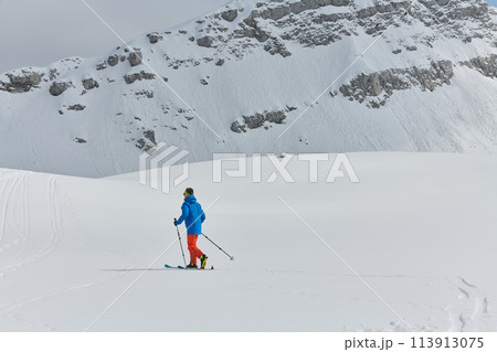 A Skier Scales a Treacherous Alpine Peak A Skier Scales a Treacherous Alpine Peak 113913075