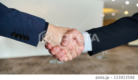Businessmen making handshake with partner, greeting, dealing, merger and acquisition, business joint venture concept, for business, finance and investment background, teamwork and successful business 113913588