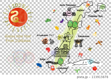 石川県の観光地のイラストマップ年賀状2025年 石川県の観光地のイラストマップ年賀状2025年 113913878