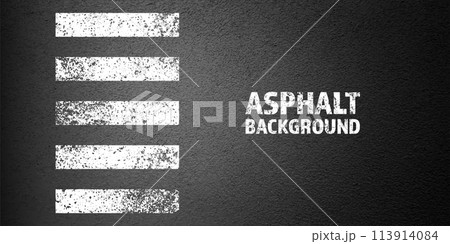 Asphalt road with white cracked lane marking, concrete highway surface, texture. Street traffic line, road dividing strip. Pattern with grainy structure, grunge stone background. Vector illustration 113914084