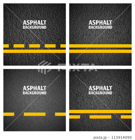 Asphalt road with yellow lane marking, concrete highway surface, texture. Street traffic line, road dividing strip. Pattern with grainy structure, grunge stone background. Vector illustration Asphalt road with yellow lane marking, concrete highway surface, texture. Street traffic line, road dividing strip. Pattern with grainy structure, grunge stone background. Vector illustration 113914099