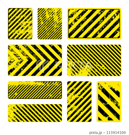 Various yellow grunge warning signs with diagonal lines. Old attention, danger or caution sign, construction site signage. Realistic notice signboard, warning banner, road shield. Vector illustration 113914100