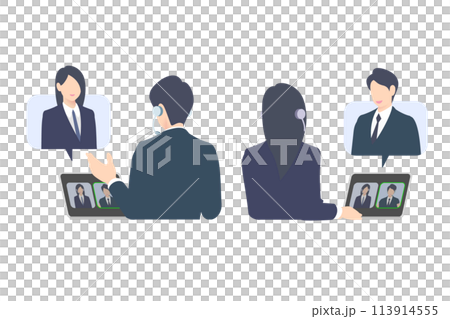 兩位上半身商人/經理的後視圖，在電腦上線上提供解釋、指導和網路會議 113914555