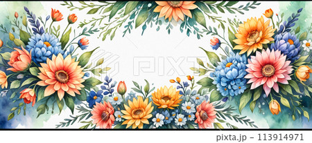 お花のある横長フラワーフレーム 水彩画風 113914971