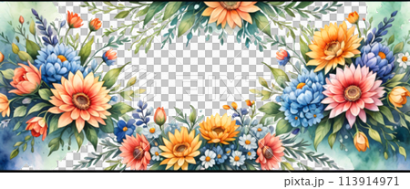 お花のある横長フラワーフレーム 水彩画風 113914971