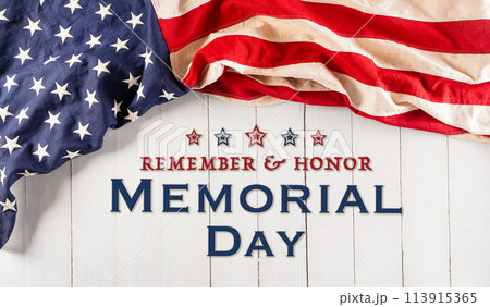 Happy Memorial day concept made from american flag and the text on white wooden background. 113915365
