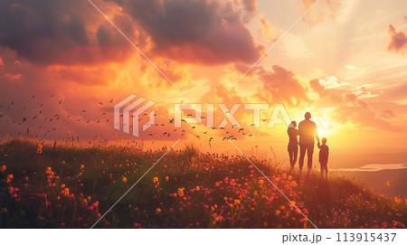 A family of three is standing in a field of flowers 113915437