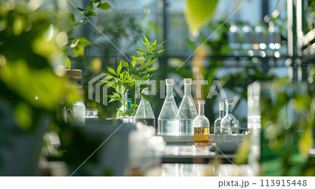 A table with several vials and bottles of different sizes and shapes 113915448