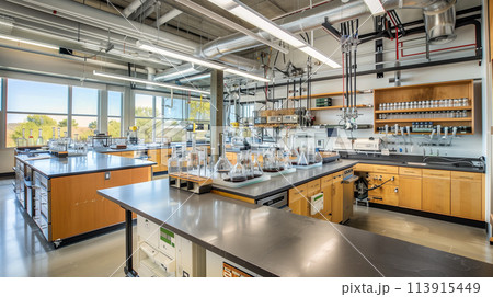 A large, clean, and well-lit laboratory with many shelves and counters 113915449